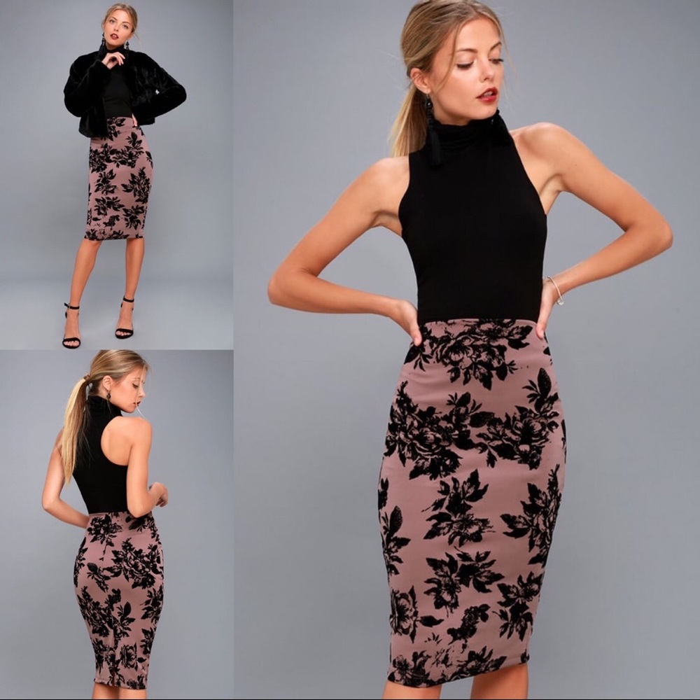 Enchantress Mauve Velvet Floral Print Bodycon Midi Skirt